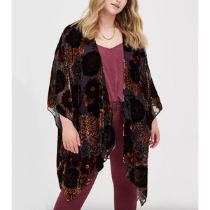 Torrid - Burnout Ruana Velvet Floral Black Red Wine Kimono Topper - One Size